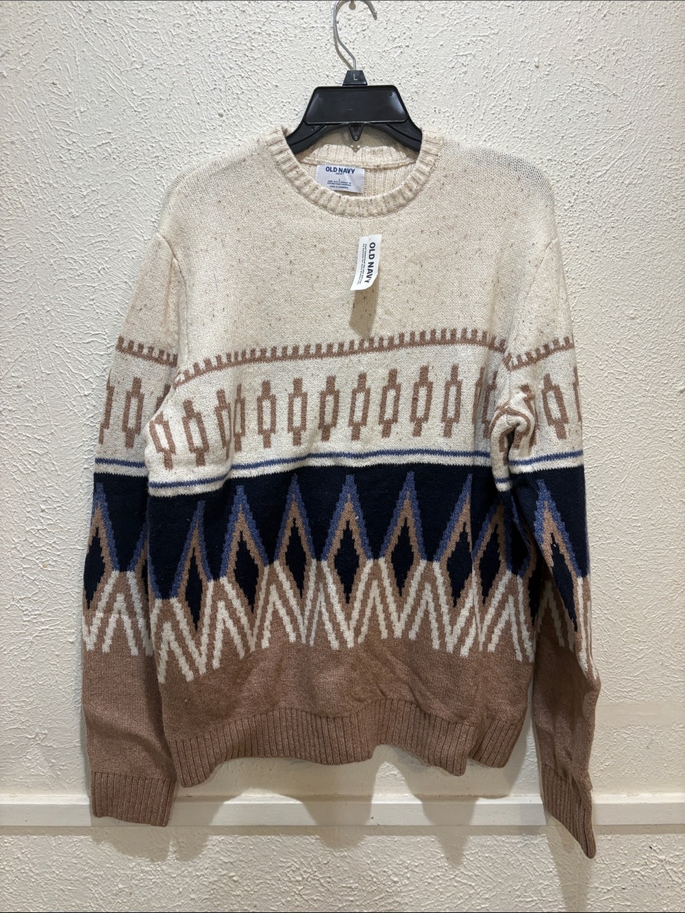 Old Navy Men's Cream, Brown & Navy Geometric Crewneck Sweater